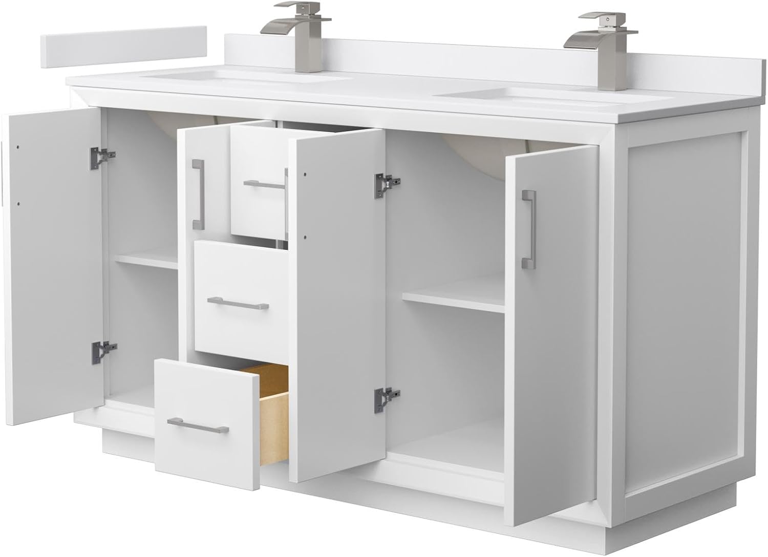 Wyndham Collection Strada 60 Inch Double Bathroom Vanity in White, White Cultured Marble Countertop, Undermount Square Sink, Brushed Nickel Trim