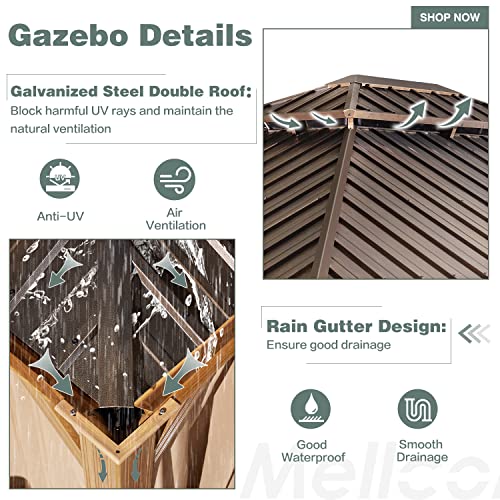MELLCOM 12'x16' Hardtop Gazebo, Galvanized Steel Metal Double Roof Canopy with Curtains and Netting, Brown Permanent Pavilion Gazebos with Aluminum Frame for Garden, Patio, Lawns, Deck