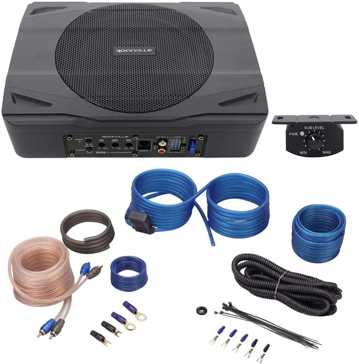 Rockville SS8P 400 Watt Slim Under-Seat Powered Car/Truck Subwoofer Sub+Amp Kit