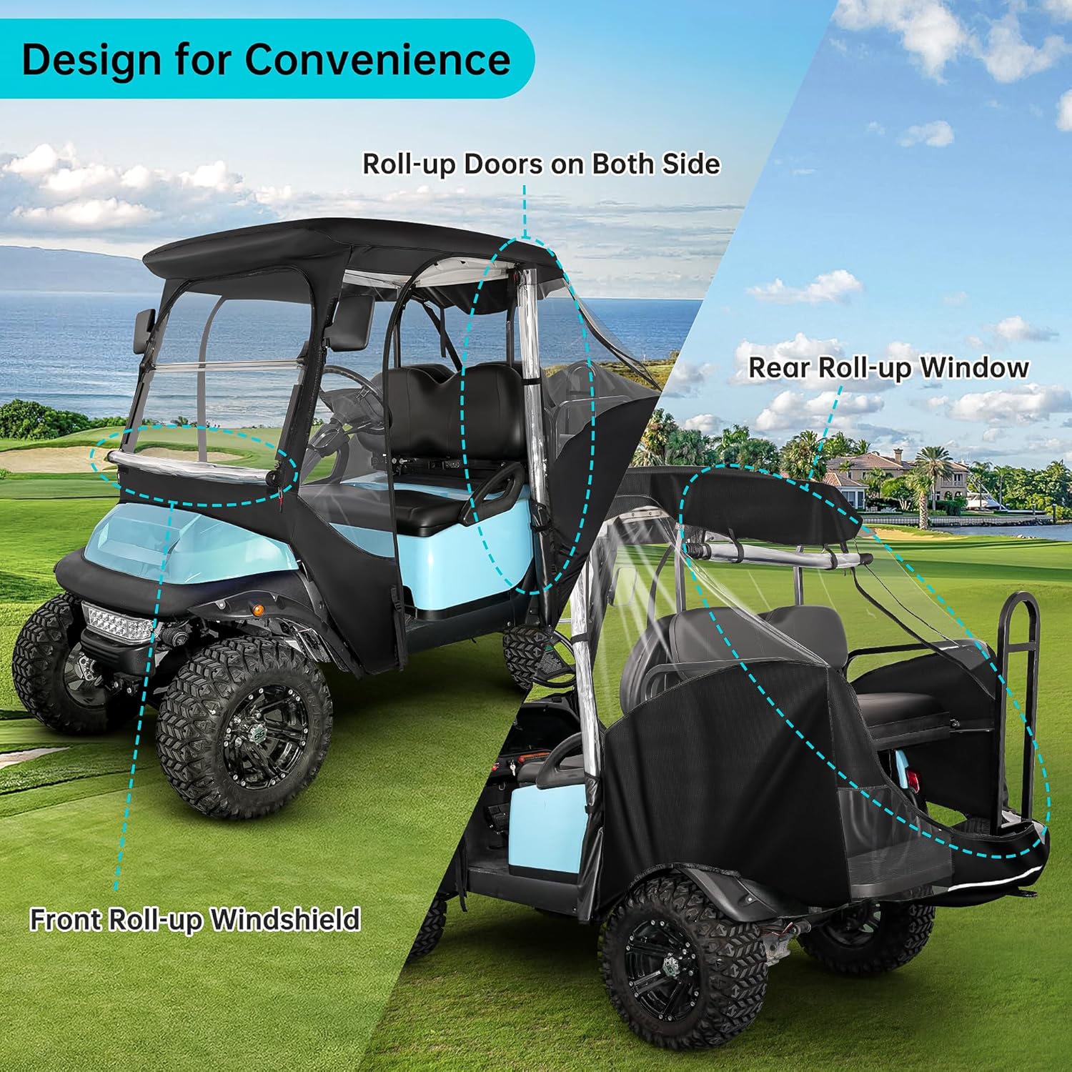10L0L 4 Passenger Golf Cart Driving Enclosure for Club Car Precedent with Short Roof Up to 57", 4-Sided Clear Window 420D Rain Cover All Weather Windproof Waterproof