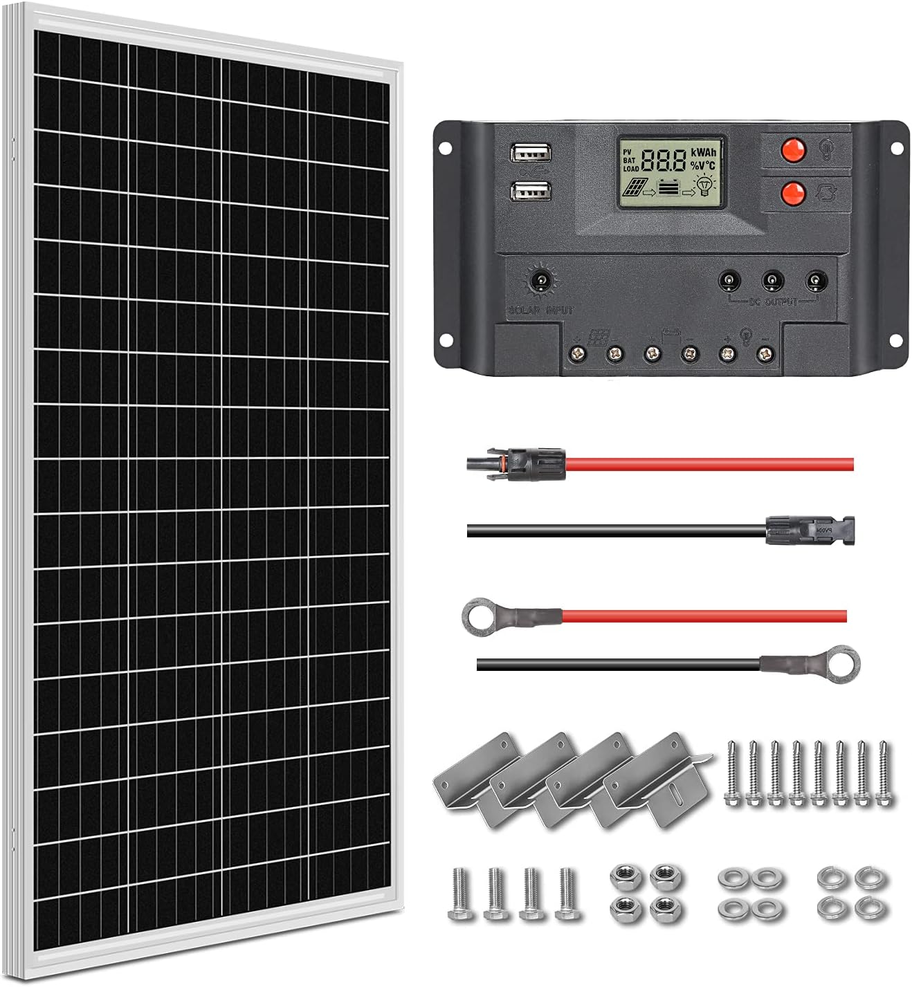 WEIZE 100 Watt 12 Volt Solar Panel Starter Kit, High Efficiency Monocrystalline PV Module for Home, Camping, Boat, Caravan, RV and Other Off Grid Applications
