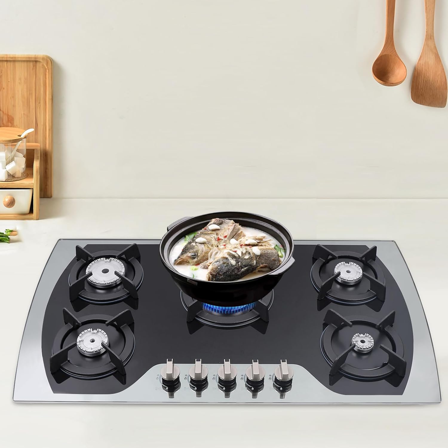 35.4 Inch Gas Cooktop with 5 Burners, Built-in Stove Top Stainless Steel, Tempered Glass Surface, LPG/NG Gas Stove for Countertop, Home Improvement Essentials