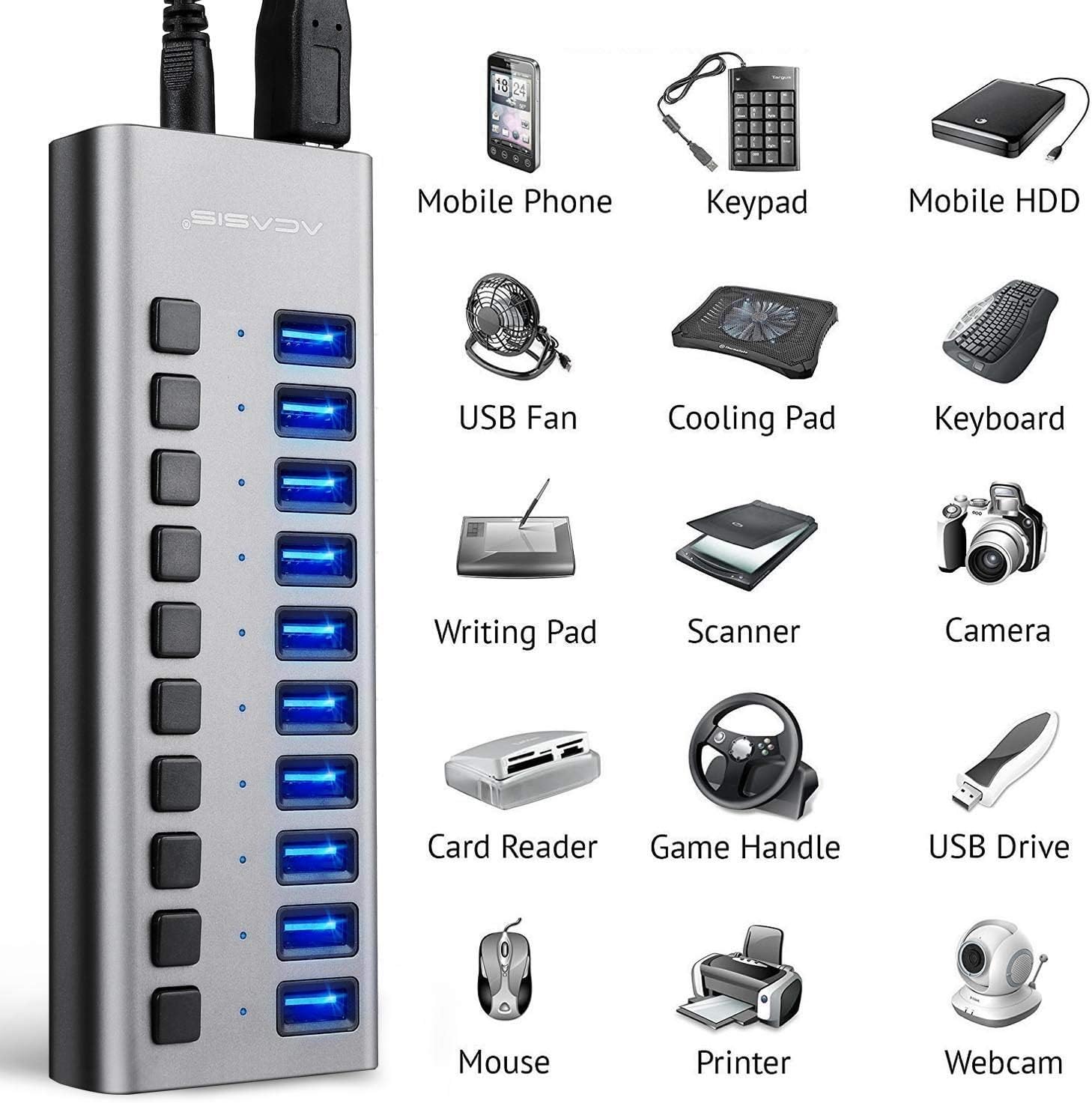 Powered USB Hub - ACASIS 10 Ports 48W USB 3.0 Data Hub - with Individual On/Off Switches and 12V/4A Power Adapter USB Hub 3.0 Splitter for Laptop, PC, Computer, Mobile HDD, Flash Drive and More