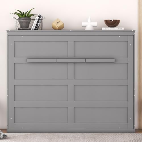 Harper & Bright Designs Queen Size Murphy Bed Wall Bed with Storage Shelves, Wardrobe and LED Lights, Space-Saving for Multipurpose Guest Room or Home Office, Gray