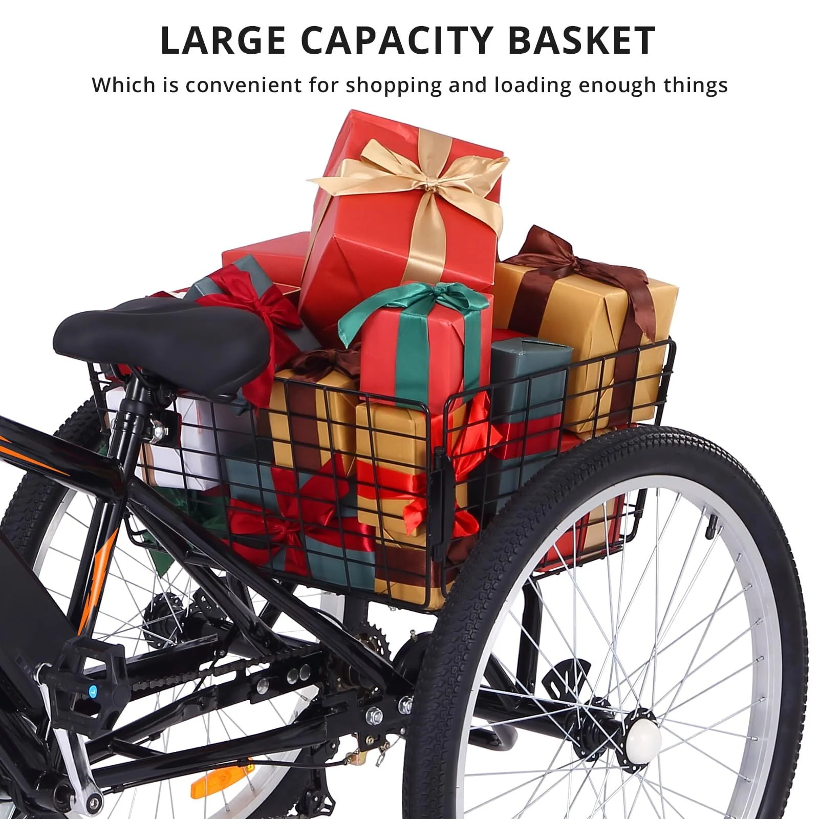 Soonbuy Electric Tricycle 24 Electric Trike, 7 Speeds Motorized Three Wheel Electric Bicycle, 3 Wheels Adult Electric Tricycle with Large Basket,Orange
