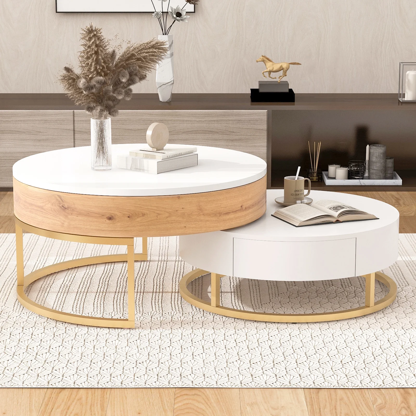 YISUYA Modern Round Lift-top Nesting Coffee Tables with 2 Drawers, Multifunctional Coffee Table, Lift Top Coffee Table, Center Table for Living Room, Home, Office, Oak Natural Wood + Antique White