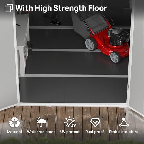 6x6FT Resin Outdoor Storage Shed, Plastic Garden Shed with Floor, Lockable Door & Window, Waterproof Tool Shed for Bike, Garbage Can, Lawn Mower, Patio Furniture Grey White
