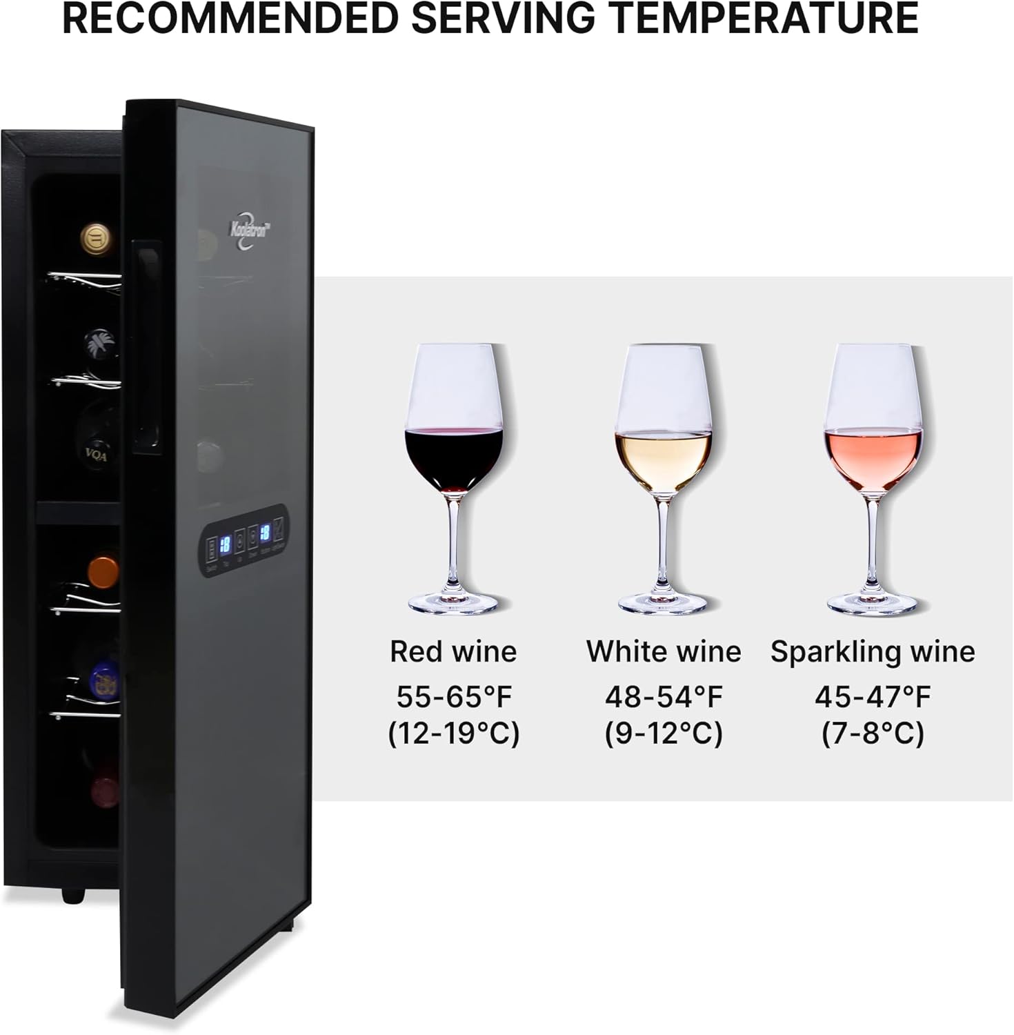 Koolatron 12 Bottle Dual Zone Wine Cooler, Black, Thermoelectric Wine Fridge, 1.2 cu. ft. (33L), Freestanding Wine Cellar, Red, White, Sparkling Wine Storage for Small Kitchen, Apartment, Condo, RV