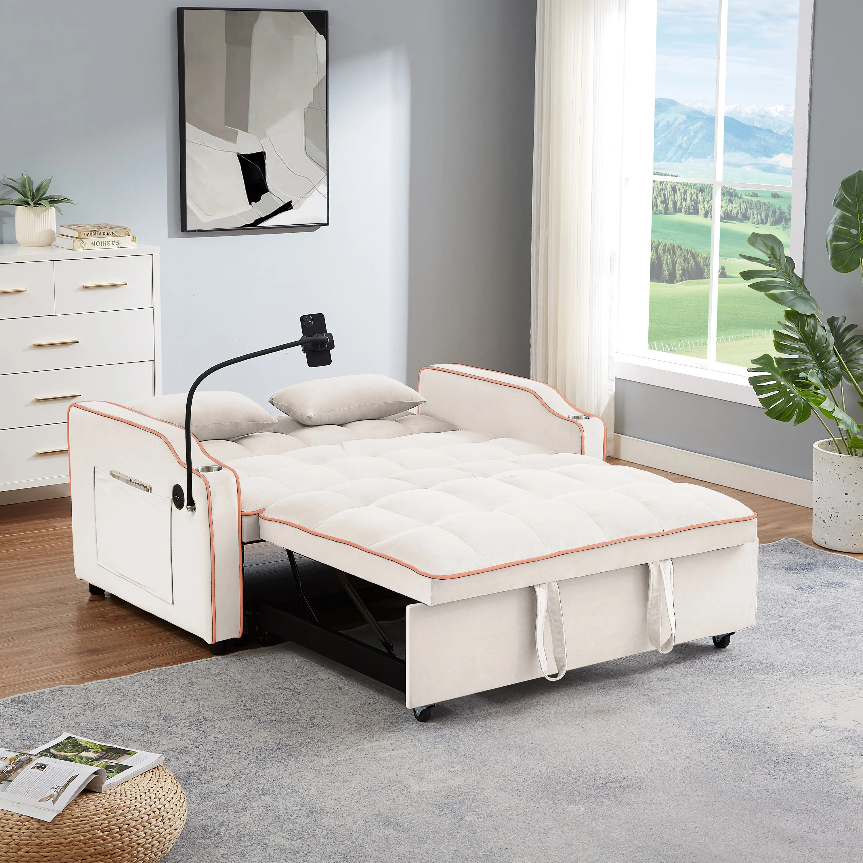 Muumblus Pull Out Sofa Bed, 3-in-1 Convertible Sofa Bed, Modern 2 Seater Sofa Bed with USB Port and Cup Holders, Velvet Loveseat Sleeper for Living Room, Small Spaces, Beige