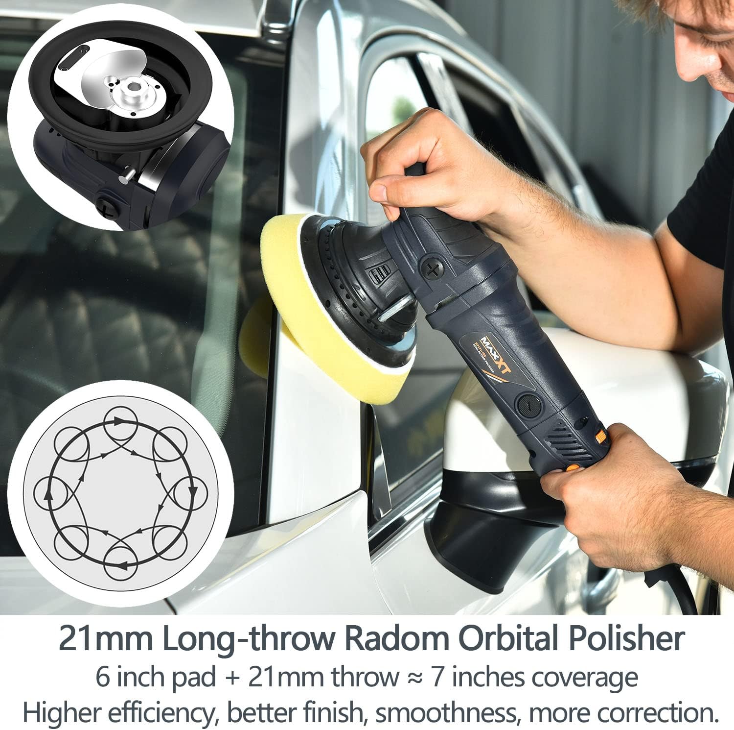 MAXXT Car Buffer Polisher Rotary Variable Speed Car Polishing Machine 7 Inch Car Detailing Kit with D and Side Handle, Woolen fleece hood, Terry polishing bonnet, Sanding discs