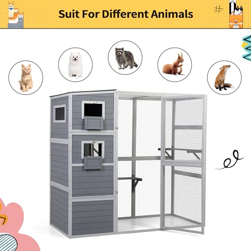 COZIWOW Large Wood Cat Catio, Outdoor Enclosure with Weatherproof Roof, 2 Resting Rooms, 2 Platforms, 4-Tier Cat Playpen, Orange