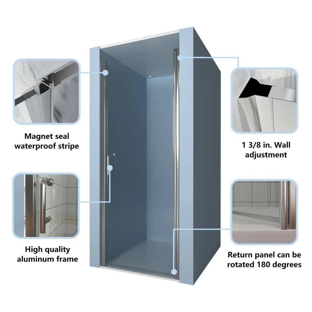 Classy 24-25.5 W x 72 H Small Shower Door Hinged Pivot Chrome Install Clear Glass Shower Door