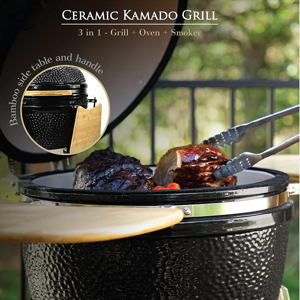 Humos - 21” Large Ceramic Kamado, Grill Cooker + Oven + Smoker (With Trolley, Wheels and Cast Iron Vent) Cooking Area 268 Sq Inches, Red