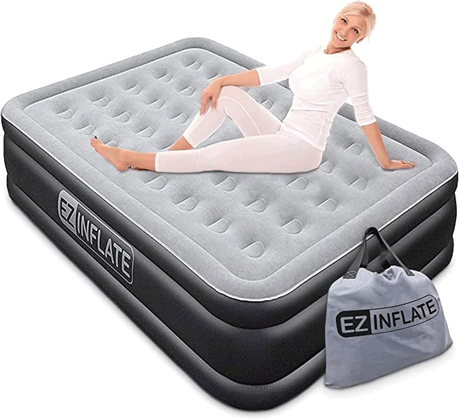 EZ Inflate Air Mattress with Built in Pump - Twin Size Double-High Inflatable Mattress with Flocked Top - Easy Inflate, Waterproof, Portable Blow Up Bed for Camping & Travel