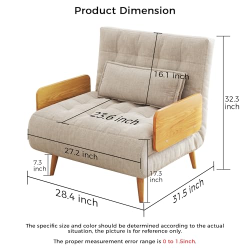 3-in-1 Convertible Chair Bed Sleeper for Adults, Linen Convertable Sleeper Chair with Wooden Arms & Pillows, Foldable Single Futon Sofa Bed (Mid Century with Walnut Arm, 36.6" Wide)