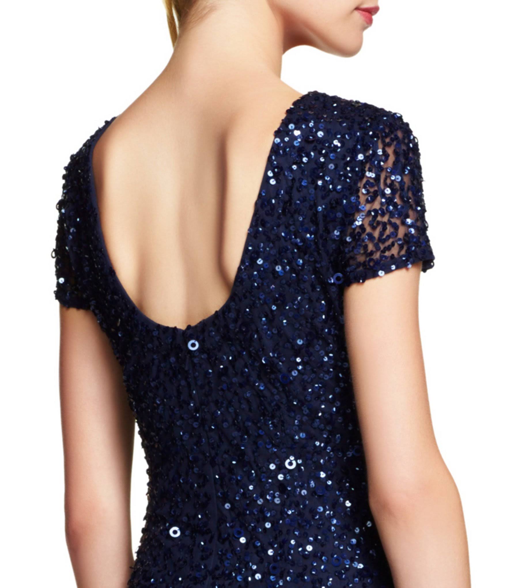 Adrianna Papell Petite Scoop Back Sequin Gown, Navy, Size: 2