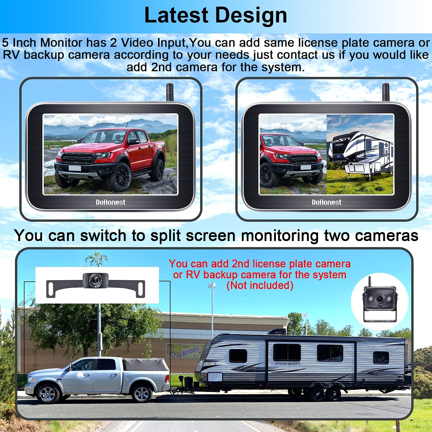 Wireless Backup Camera HD 1080P with 5“ Split Screen System for Truck Pickup Car Small RV Bluetooth Backup Camera 2.4G Stable Digital Signal Easy Installation Support Add 2nd RV Camera-DoHonest V25