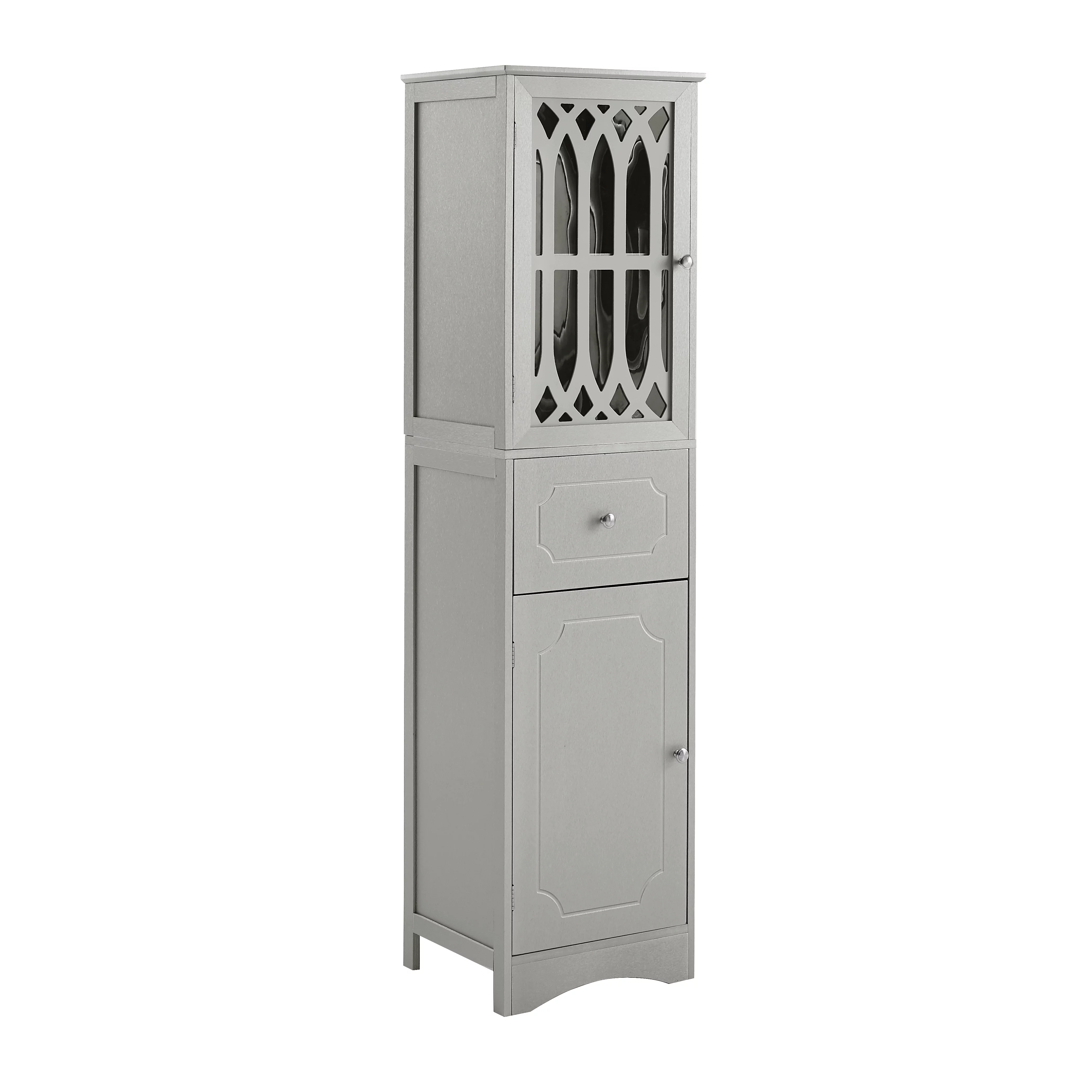 Modern Tall Bathroom Storage Cabinet with Doors Drawers, Wood Floor Freestanding Organizer for Bedroom Living Room