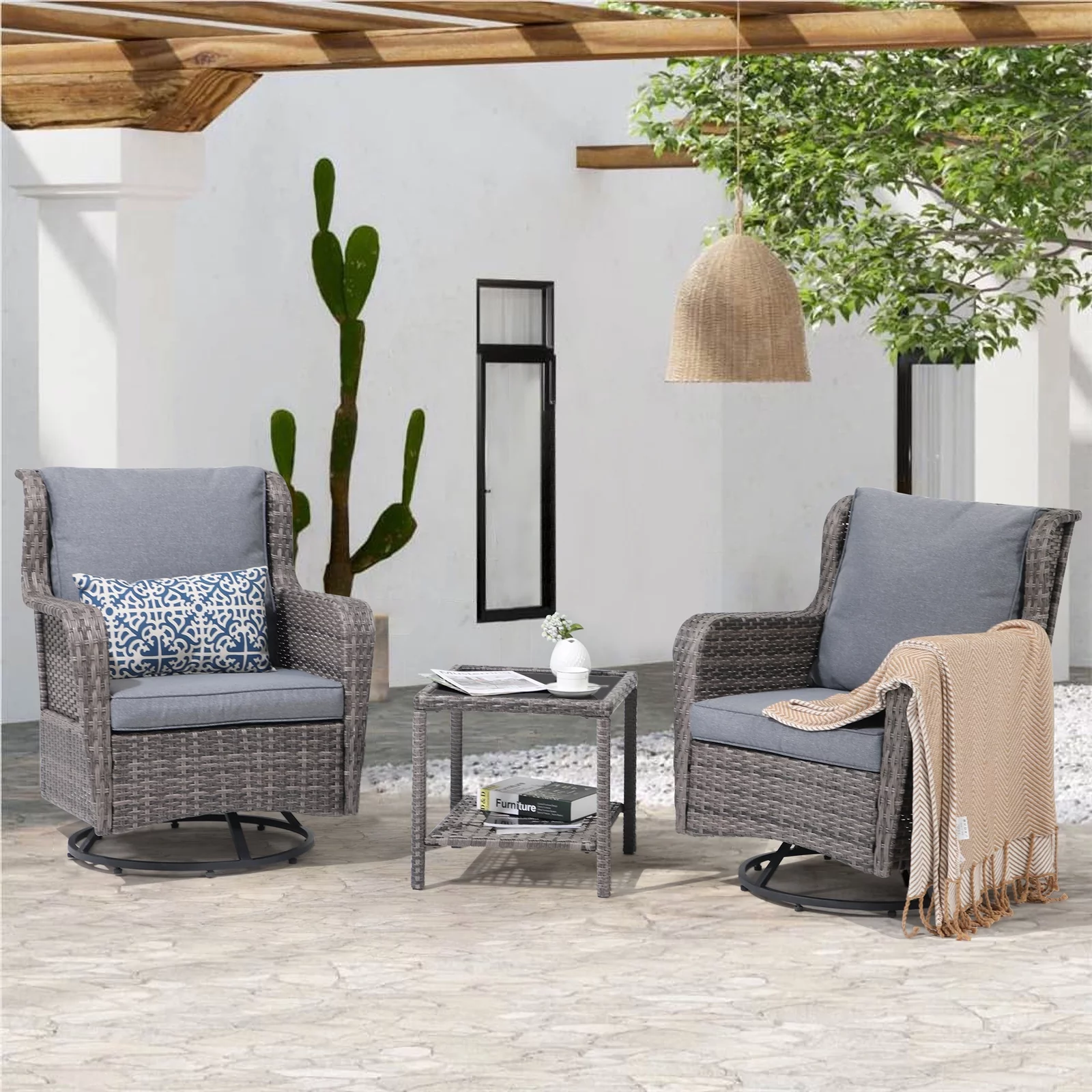 JOIVI Patio Swivel Rocker Set, Outdoor Wicker Swivel Rocking Chairs with Side Table, 3 Pieces All-weather Rattan Furniture Bistro Set with Thick Cushions, Iron Frame, Gray