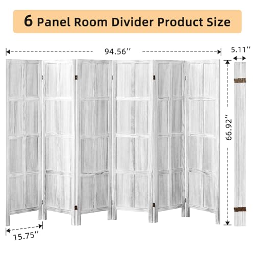 Wood Room Divider 4 Panel, 5.6 FT Tall Room Divider and Folding Privacy Screen, Partition Divider for Room Separation, Wooden Wall Divider Screen for Home Office Bedroom (Retro White)