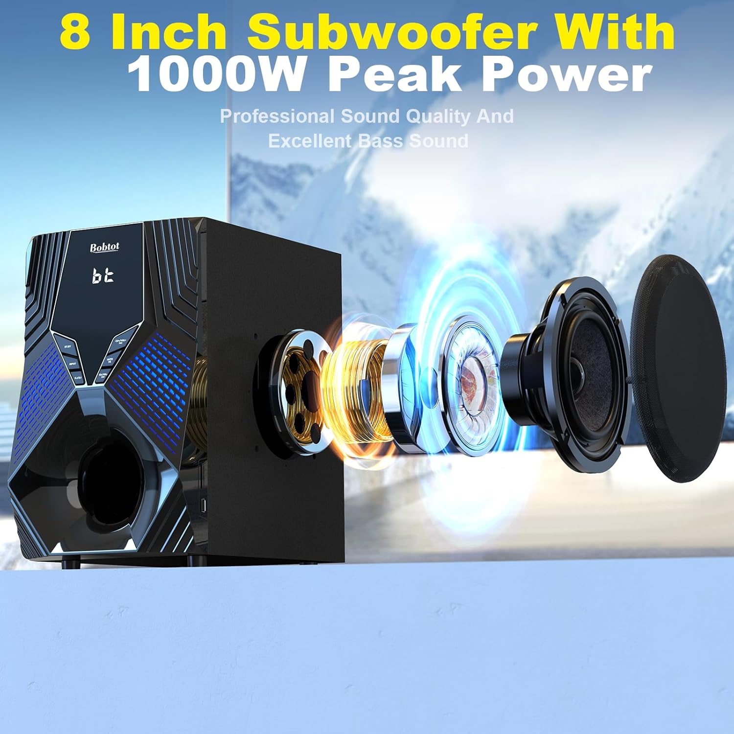 Bobtot Home Theater Systems Surround Sound System for TV - 1000W 8" Subwoofer with Bluetooth HDMI Optical AUX COA Input RGB Lights Deep Bass 5.1/2.1 Stereo Sound Wired Satellite Speakers