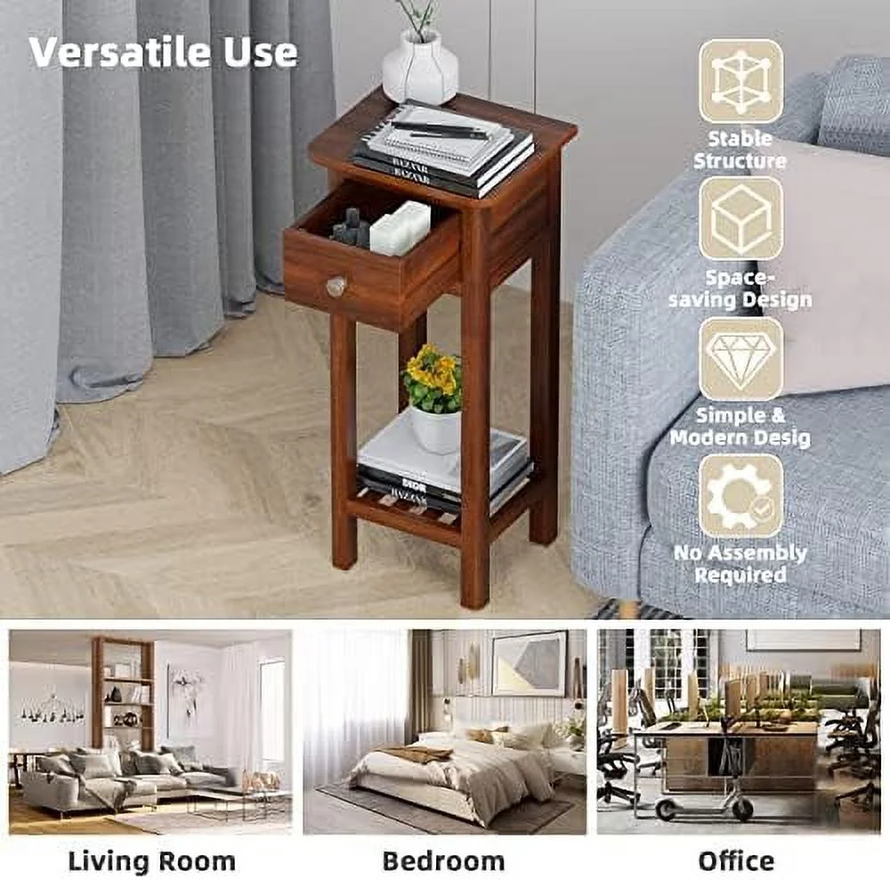 NLIBOOMLife Narrow End Table  Tall Nightstands Set of 2 with Drawer &amp;   Slim Bedside Tables w/Anti-Tipping Device  No Assembly  Wooden Small  for Small Space  Living Room  Bedroom  Na