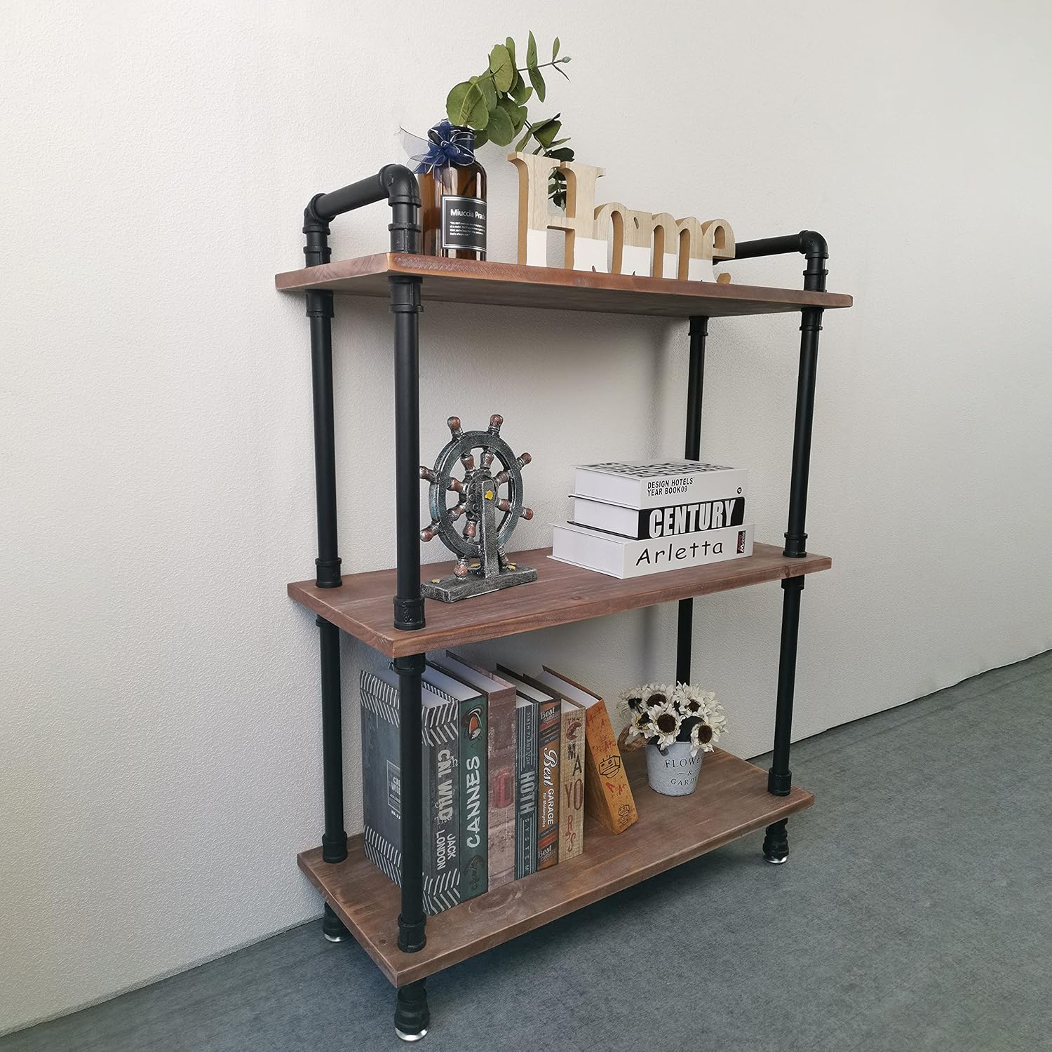 Industrial Bookshelf,Rustic Bookcase with Solid Wood, 3 Tier Iron Pipe Storage Standing Shelf Vintage Farmhouse Bookshelf for Living Room, Kitchen, Office (Weathered Brown, 29.5 L x 11.8 W x 39 H)