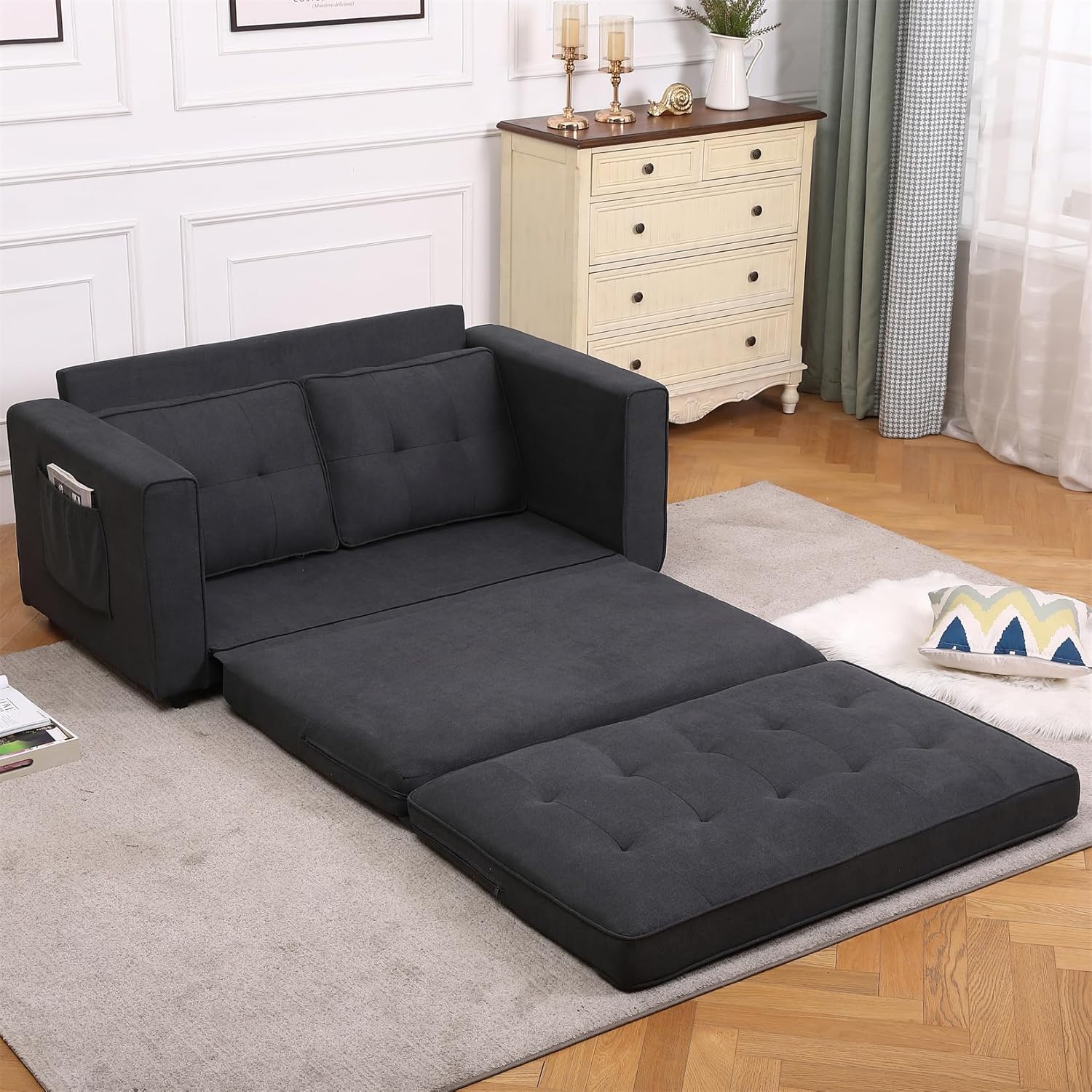 CITYLIGHT 3 in 1 Folding Sofa Bed with 2 Storage Pockets, Linen Convertible Foldable Couch Bed, Loveseat Sleeper Sofa, Folding Couch Bed for Small Spaces, Couches for Living Room, Apartment,Dark Gray