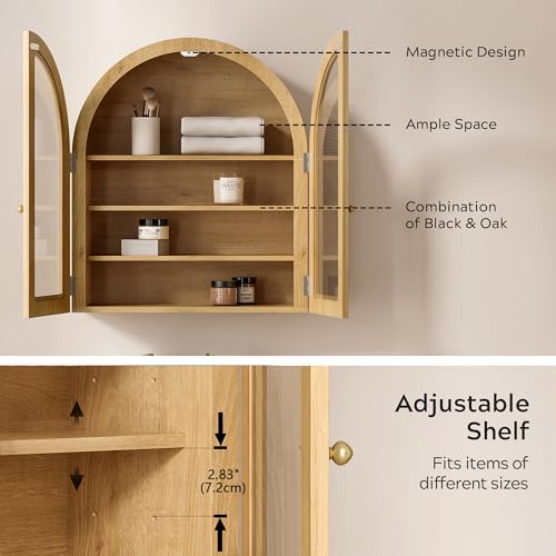 Large Arched Wall Cabinet, Bathroom Medicine Wall Mounted Cupboard, Modern Floating Storage Cabinet with Acrylic Door Adjustable Shelf, Wood Organizer (Natural Oak)