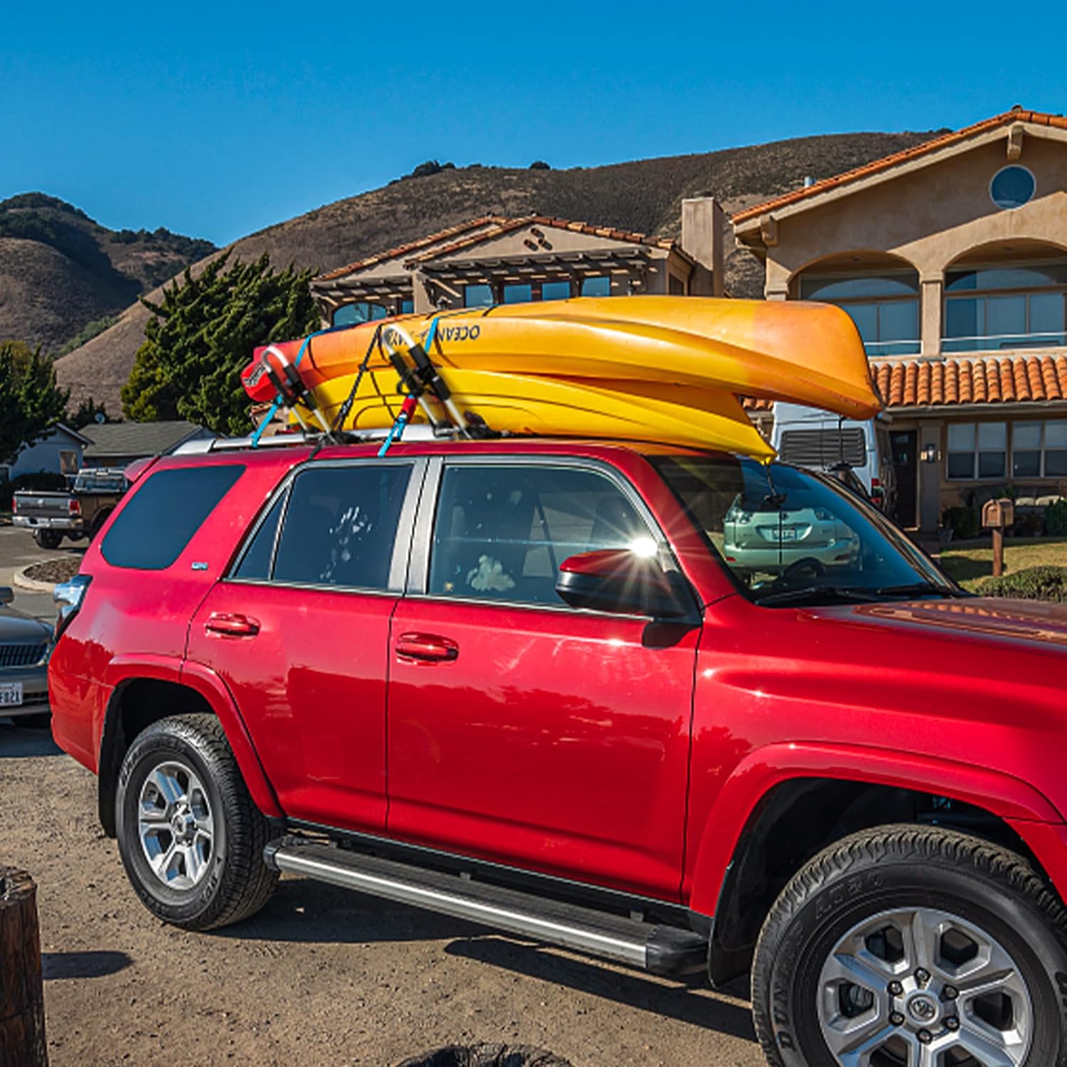 STIMULATER Kayak Roof Rack ,Universal Foldable J-Bar Kayak Rack 4-in-1 Carrier Roof Racks Car Roof Top Carrier for Canoe, SUP, Kayaks, Surfboard and Ski Board Mount on The Car, SUV and Trucks