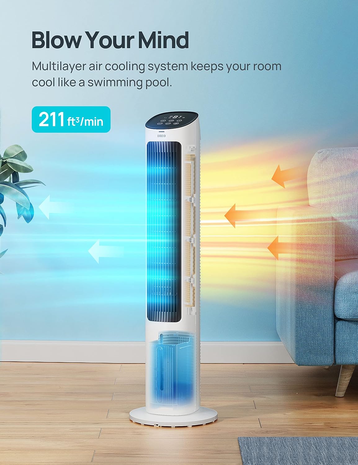 Dreo Tower Fans, 40" Cooling Fan for Bedroom with 80° Oscillating, Remote Control, Ice Pack, 3 Modes 4-Speed Quiet Floor Fan, White