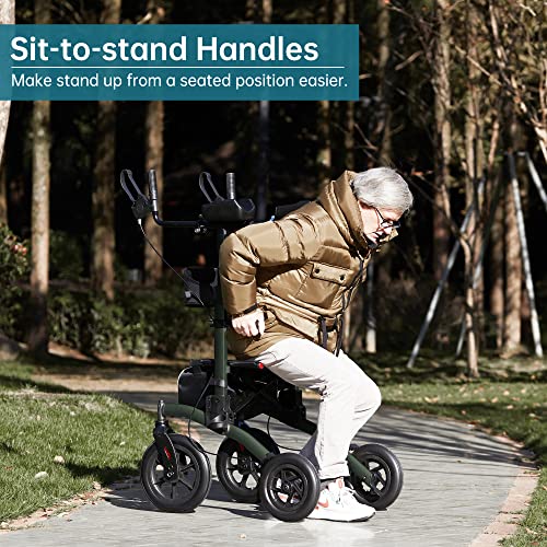 ELENKER All-Terrain Upright Rollator Walker, Stand up Rolling Walker with Seat, 12” Non-Pneumatic Tire Wheels, Compact Folding Design for Seniors, Green
