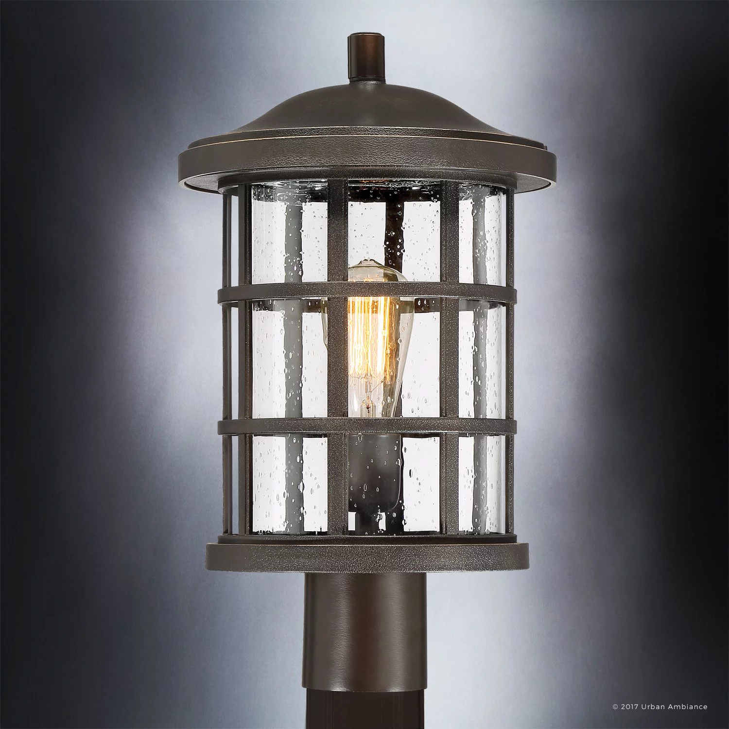 Urban Ambiance Luxury Craftsman Outdoor Post Light, Medium Size: 17.25"H x 10"W, with Tudor Style Elements, Wrought Iron Design, Oil Rubbed Parisian Bronze Finish and Seeded Glass, UQL1047