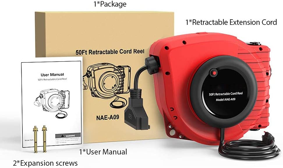50FT Retractable Extension Cord Reel, 14AWG 13A Electrical Power Cord Reel, 3C SJT with Grounded Triple Tap Outlet, Wall/Ceiling Mount (180°Swivel), Adjustable Stopper Pack of 2