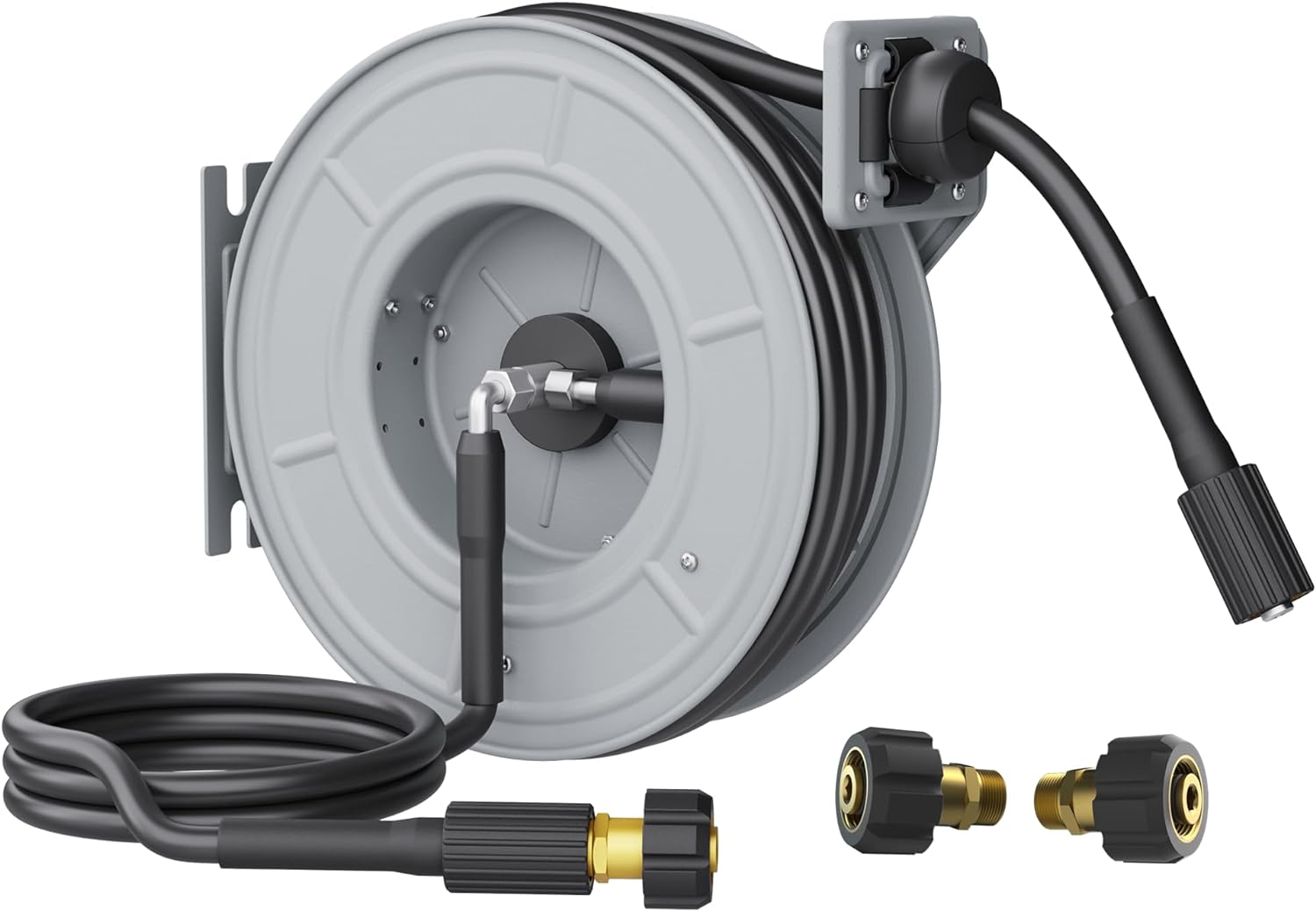 Giraffe Tools Pressure Washer Hose Reel, 1/4" x 65 ft Retractable Pressure Washer Reel,Steel Power Reel, Wall/Ceiling/Floor Mounted, 3200PSI, 2 * M22-15mm Connectors, Heavy Duty