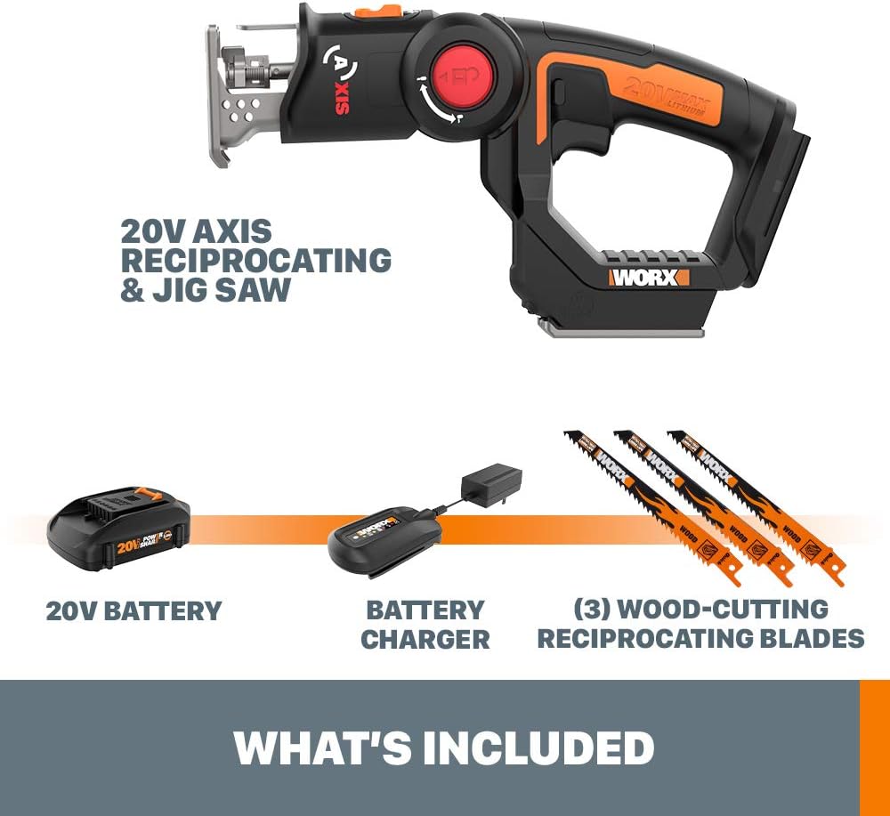 WORX WX550L.5 20V Cordless Reciprocating Saw Jig Saw with Orbital Mode, Variable Speed, & Tool-Free Blade Change System