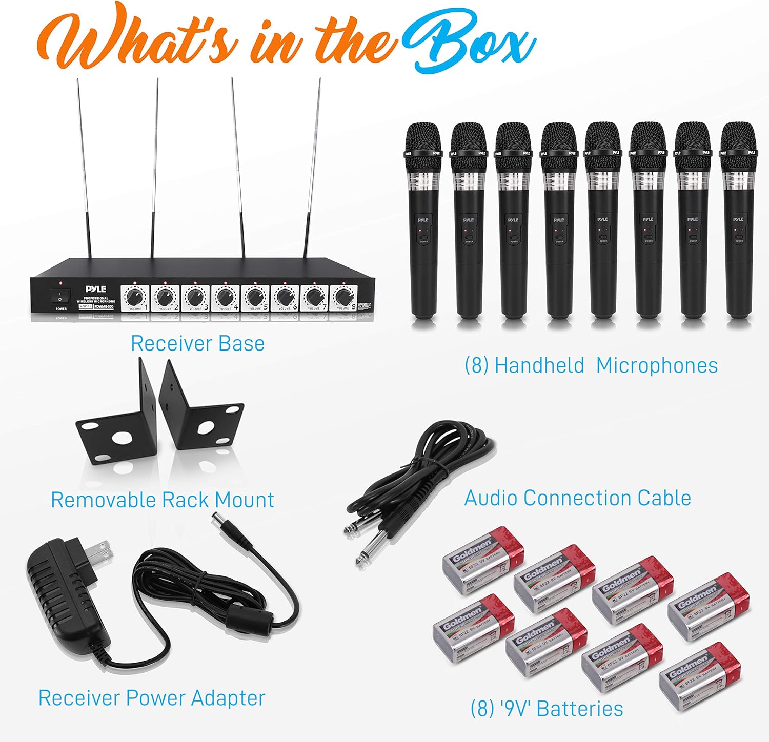 Pyle VHF Wireless System-Rack Mountable 8 Channel Cordless Set w/ 8 Handheld Microphones, Mixed 1/4" Outputs-DJ, Karaoke, Conference Speaker-Pyle PDWM8400