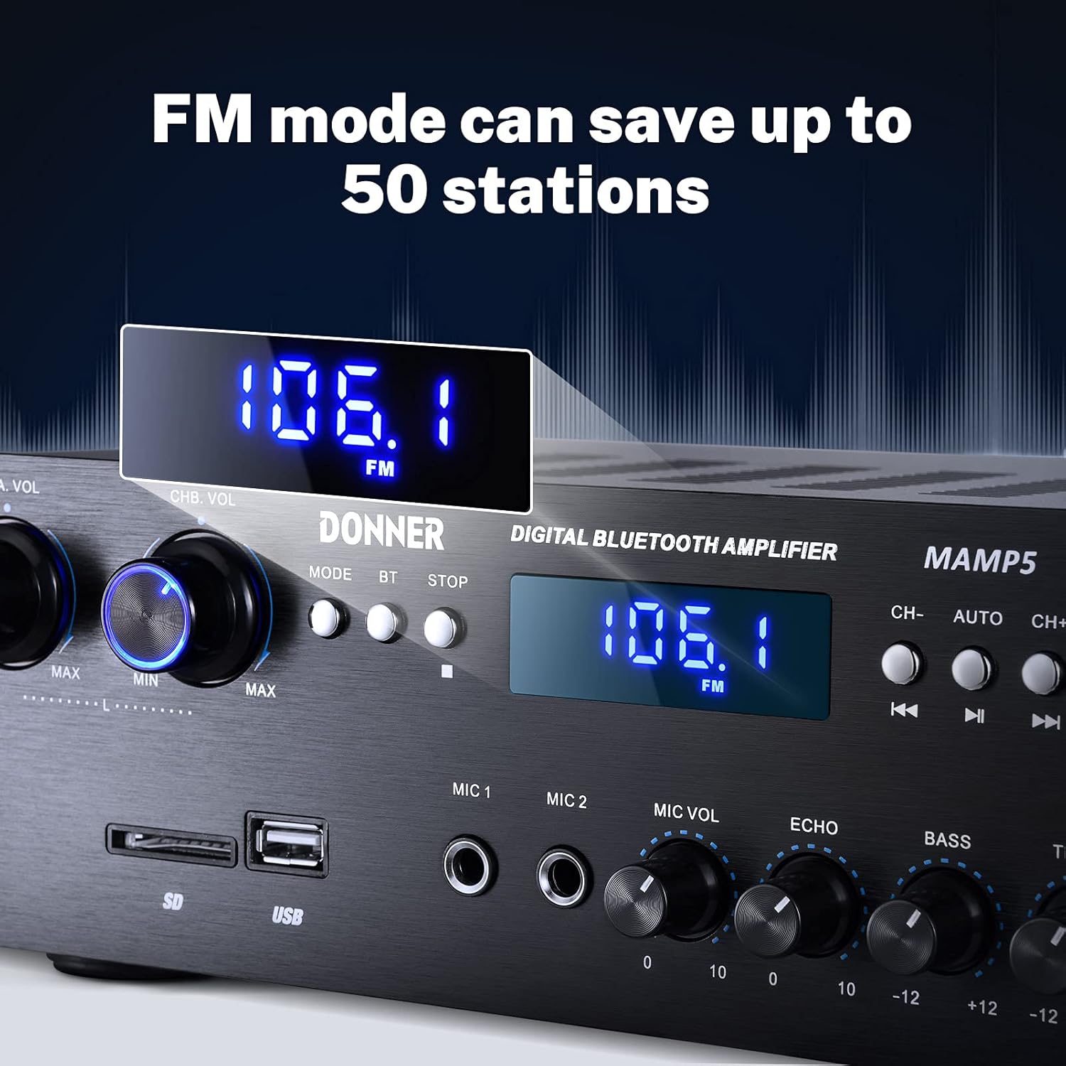 Donner Bluetooth 5.0 Stereo Audio Amplifier Receiver, 4 Channel, 440W Peak Power Home Theater Stereo Receiver USB, SD,FM, 2 Mic in Echo, RCA, LED, Speaker Selector for Studio, Home-MAMP5