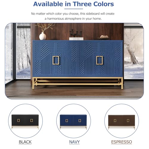 59.8" Retro Style Accent Storage Cabinet with 4 Doors and Rectangular Metal Handles and Legs, Wooden Buffet Sideboard Adjustable Shelves for Kitchen, Living Room and Dining Room (Navy)