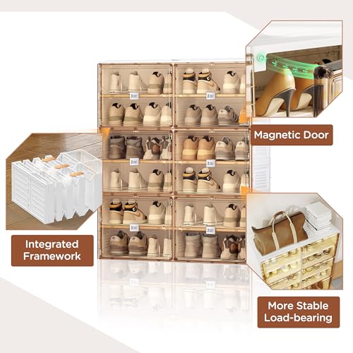 Portable Shoe Rack Organizer for Closet Entryway, Stackable Sneaker Storage Shoe Cabinet with Magnetic Clear Door, Large Plastic Storage containers Bins with Lids 7 Tiers 28 Pairs