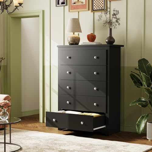 WLIVE Wood Dresser with 5 Drawers, Black Wooden Storage Cabinet, Organizer Drawers for Bedroom, Living Room, Hallway, Measuring 15.75" W * 31.50" D * 45.35" H ﻿