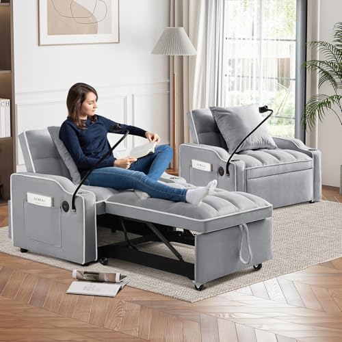 Convertible Sleeper Sofa Bed, 3 in 1 Velvet Pull Out Loveseat Couch Modern Comfy Futon Sofa with Adjustable Backrest & Phone Holder & USB Charging Space Saving for Living Room, Small Apartment, Grey