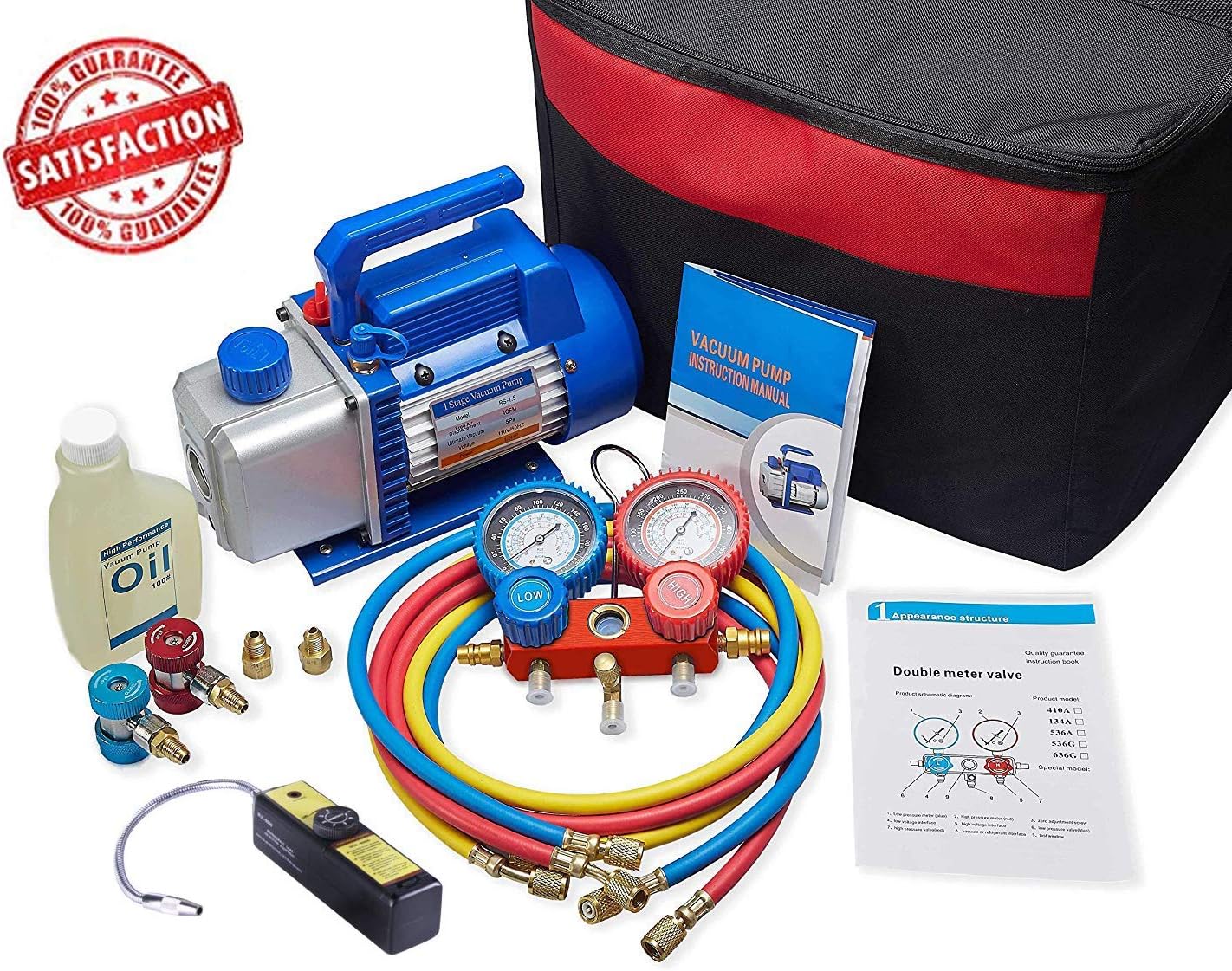 NewPosition 4CFM 1/3HP Air Vacuum Pump HVAC A/C Refrigeration Tool Kit AC with Leak Detector, Auto Repair Equipment, Manifold Gauge Set(R134A R22), 3 Hoses, Ideal for Food Packaging,Milking,Medical et