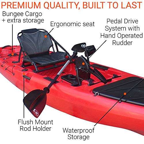 BKC PK13 13' Pedal Drive Fishing Kayak W/Rudder System and Instant Reverse, Paddle, Upright Back Support Aluminum Frame Seat, 1 Person Foot Operated Kayak