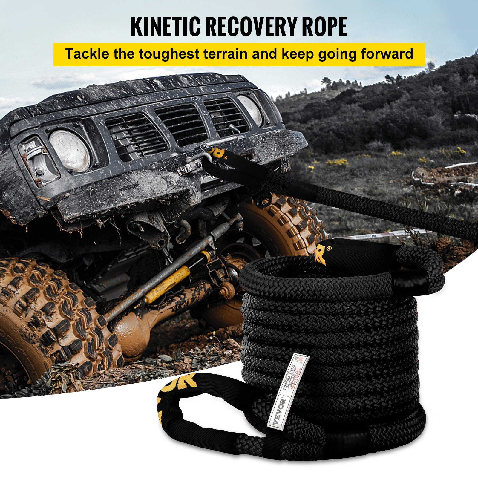 Vevor  1.25 in. x 31.5 ft. Kinetic Recovery & Tow Rope, Black - 52,300 lbs