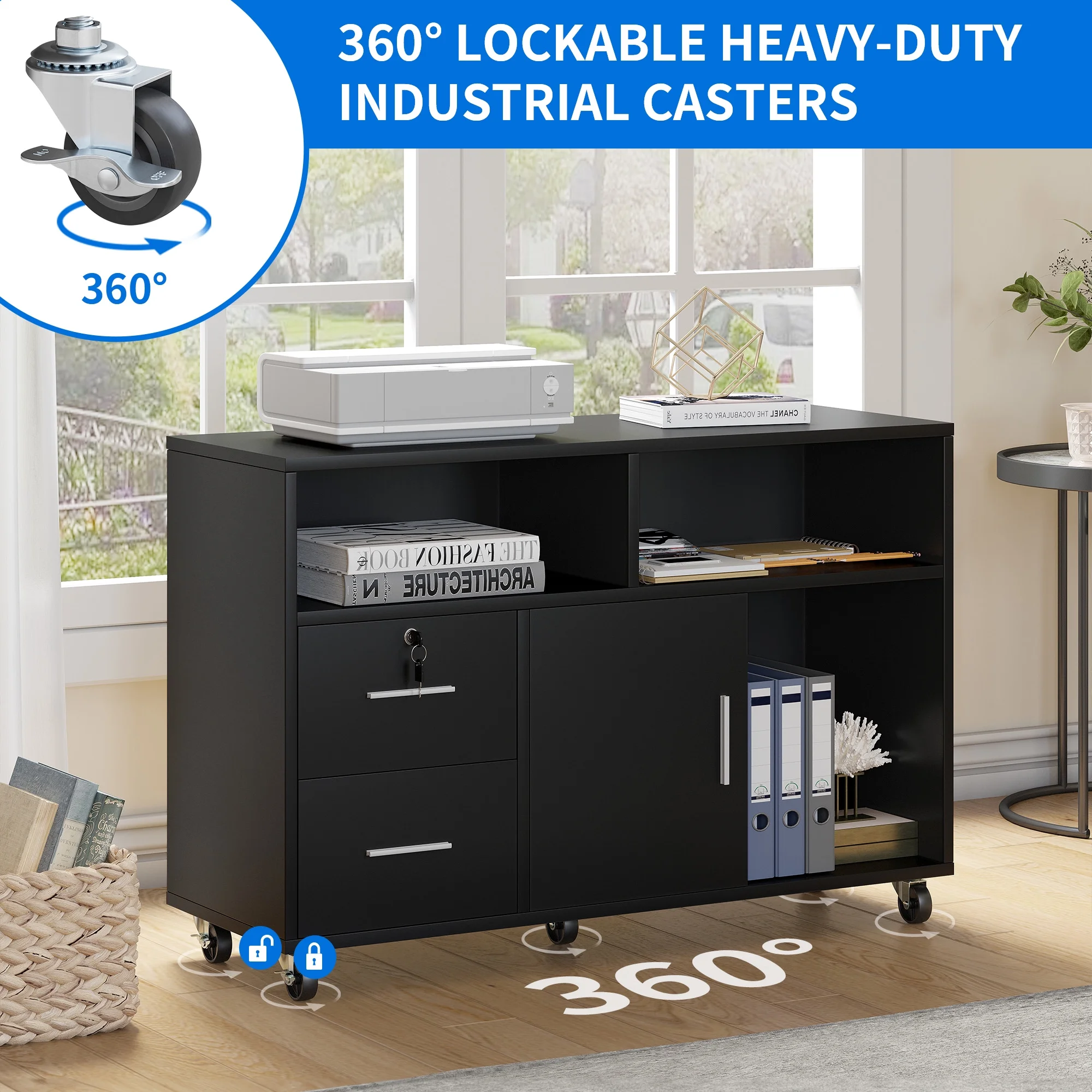 DWVO Office Lateral File Cabinet 2 Drawer with Lock Storage Wood Shelf A4 Size Filing Organizer Black