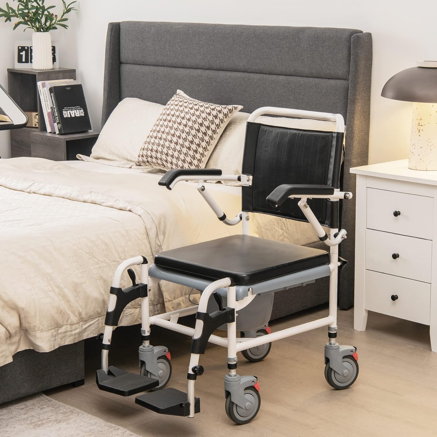 Giantex 4-in-1 Bedside Commode Shower Wheelchair, Commode chair for Toilet with Arms, 4 Lockable Wheels, Detachable Bucket, Height Adjustable & Flip-up Footrest, Padded Mobile Toilet Chair