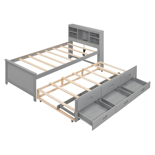 Full Size Bookcase Bed with Charging Station, Wood Captain Bed with Trundle and Storage Drawers, Full Platform Beds with Storage Headboard for Kids Boys Girls, Noise Free, No Box Spring Needed, Gray