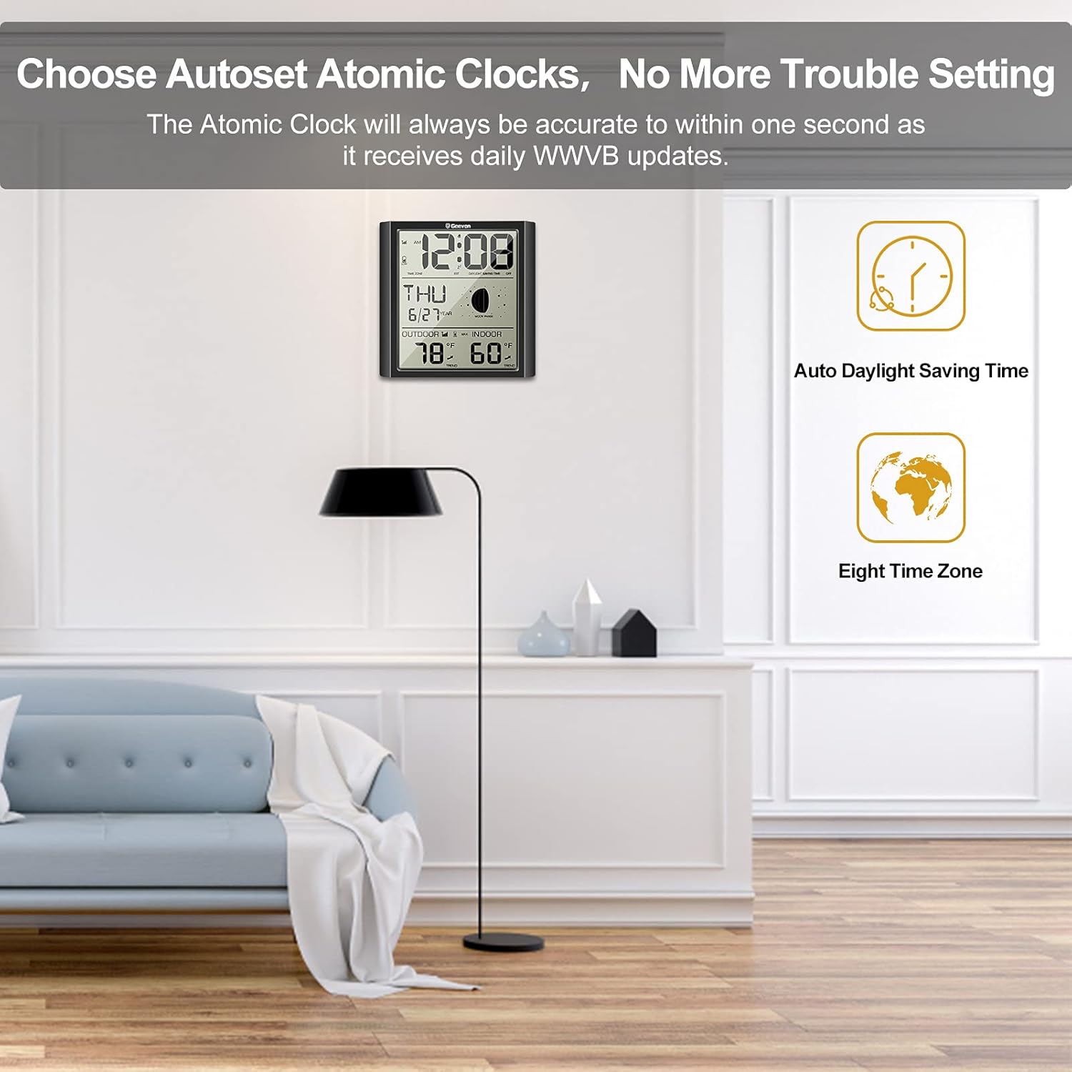 Geevon Digital Atomic Wall Clock,Auto-Set Atomic Alarm Clock with Indoor Outdoor Temperature,Calendar,Moon Phase for Home Office Elderly(1 Wireless Outdoor Sensor) Update