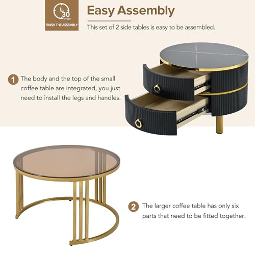 Modern Round Coffee Table, Nesting Table with Brown Tempered Glass and High Gloss Marble Tabletop, Glass Coffee Table for Living Room, Bedroom, Apartment (Golden Black)